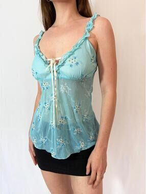 Aqua Blue Floral Beaded Sheer Mesh Y2K Fairy Milkmaid Top